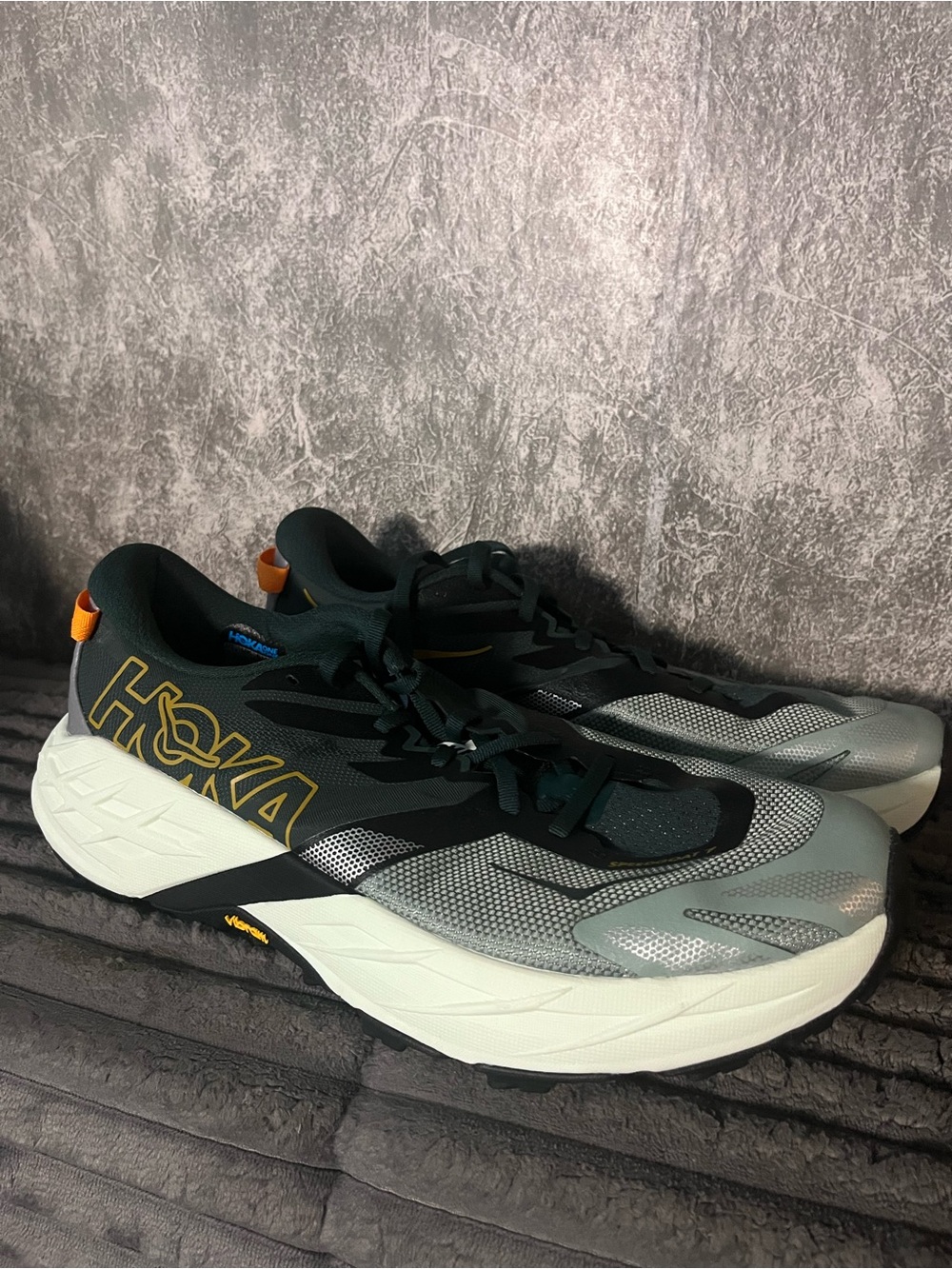 Hoka One One Men’s Running Shoes - Dark Green, Gray, White, Gold Accents 12 new